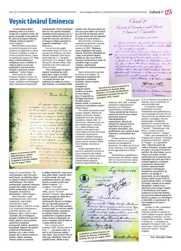 MESAGERUL 700 / Eminescu, recitit în Mesagerul de Neamț. Patru texte, o singură convingere 3 tigau eminescu 01 1
