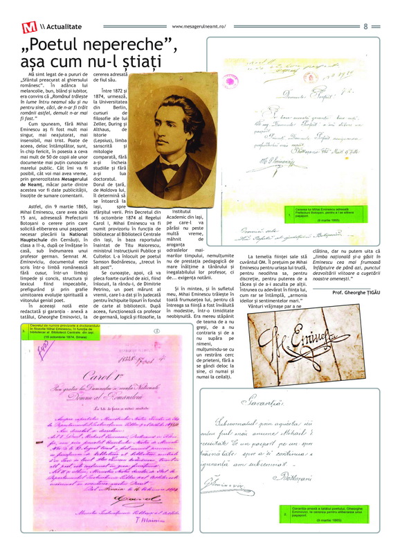 MESAGERUL 700 / Eminescu, recitit în Mesagerul de Neamț. Patru texte, o singură convingere 2 tigau eminescu 02