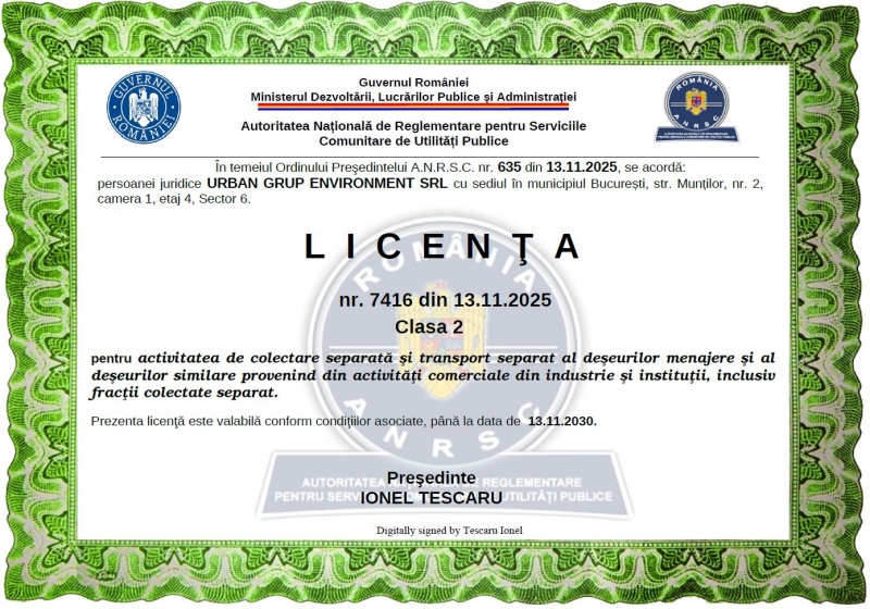 Asocierea Urban Grup Environment (lider)- Eurosal Trade. Servicii de salubrizare profesioniste pentru zona 1 Piatra-Neamț 7 LICENTA URBAN 1