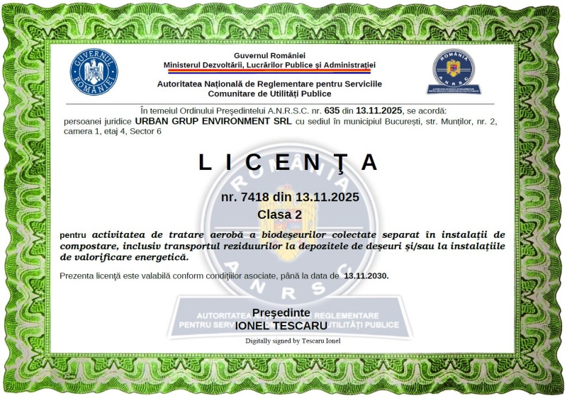Asocierea Urban Grup Environment (lider)- Eurosal Trade. Servicii de salubrizare profesioniste pentru zona 1 Piatra-Neamț 8 LICENTA URBAN 2
