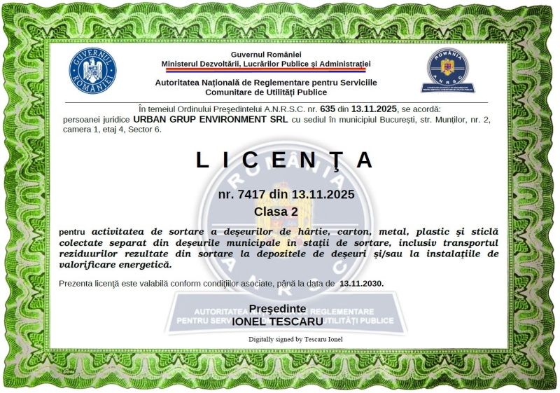 Asocierea Urban Grup Environment (lider)- Eurosal Trade. Servicii de salubrizare profesioniste pentru zona 1 Piatra-Neamț 9 LICENTA URBAN 3