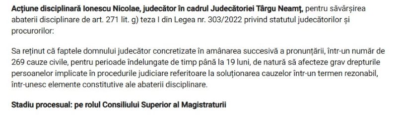 Judecător nemțean cercetat disciplinar pentru amânarea succesivă a circa 270 de dosare Inspectia judiciara 1