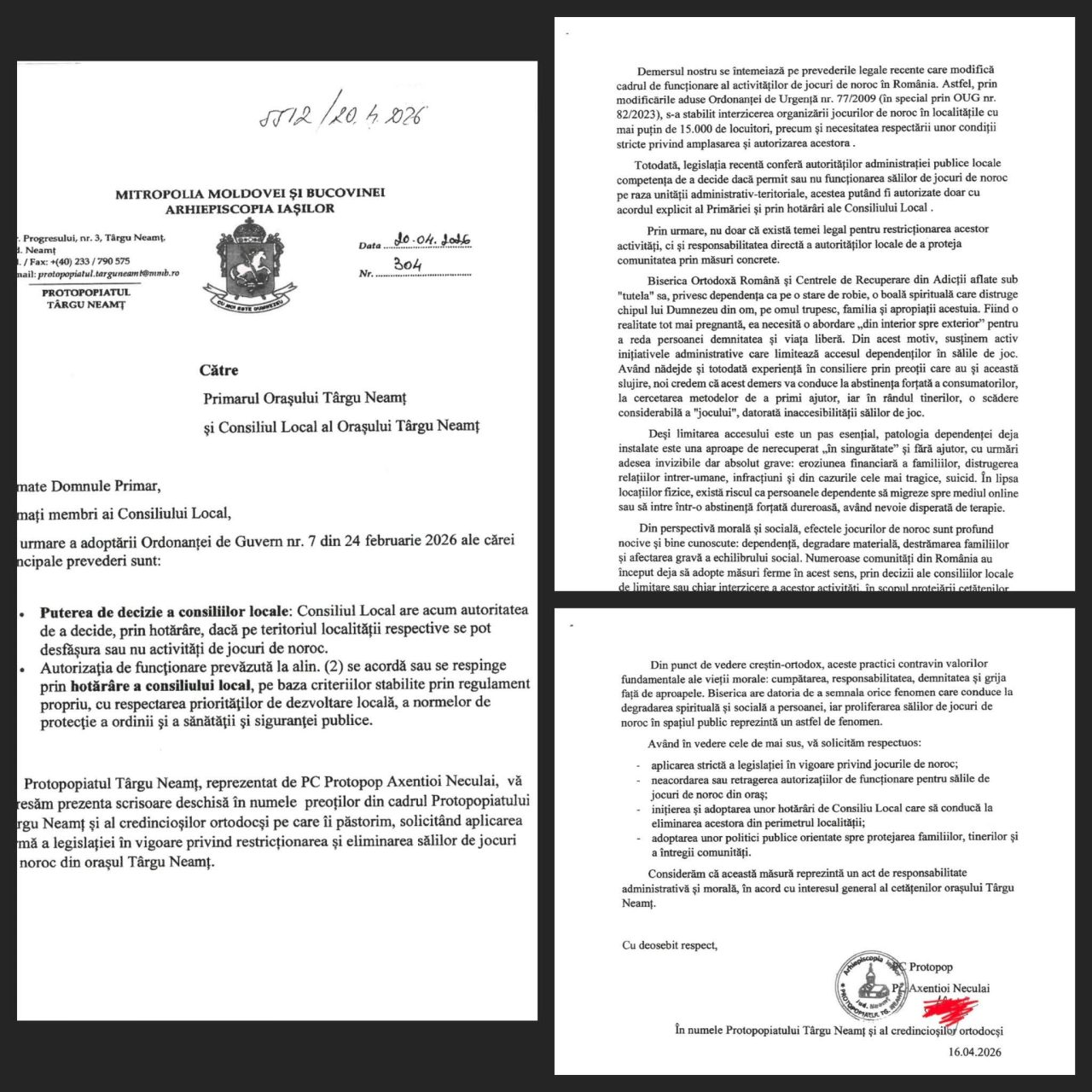 Presiune asupra autorităților din Târgu Neamț: Biserica cere interzicerea sălilor de jocuri de noroc înaintea votului din Consiliul Local 2 scrisoare protopop