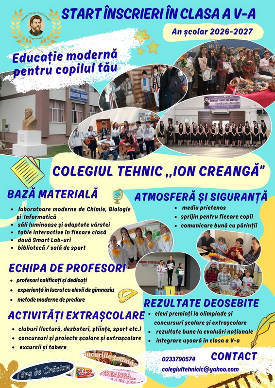 Colegiul Tehnic „Ion Creangă” Târgu Neamț – performanță și deschidere europeană 3 tg colegiul creanga nscrieri clasa a V a