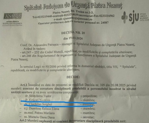 Războiul ascuns din Spitalul Județean de Urgență Piatra Neamț 1 comisia de disciplina 1