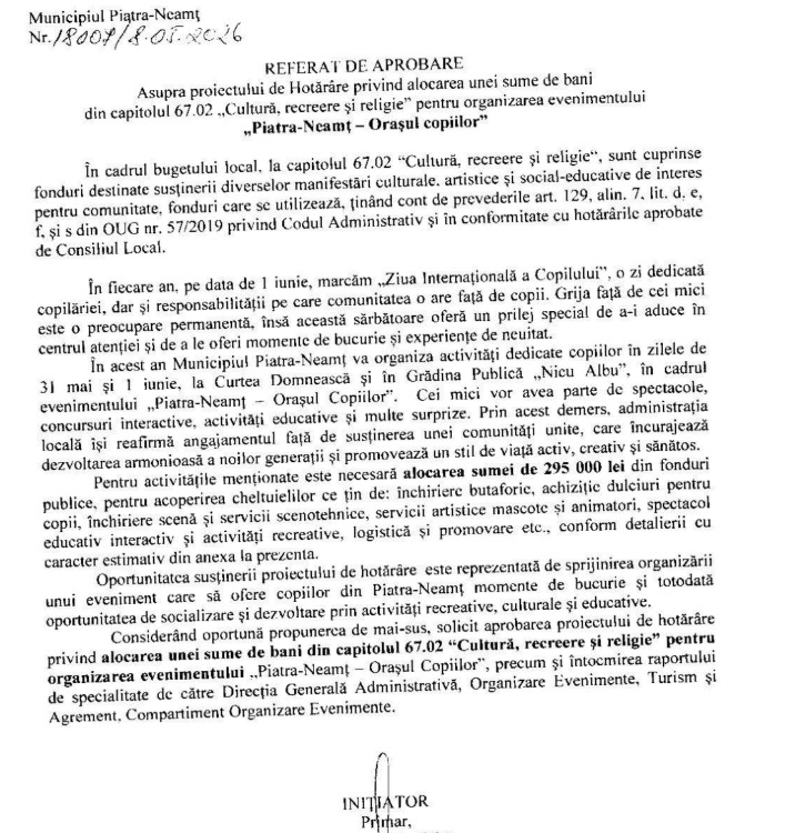295.000 lei pentru „Orașul Copiilor” la Piatra Neamț, în perioada 31 mai-1 iunie 1 ziua copilului referat