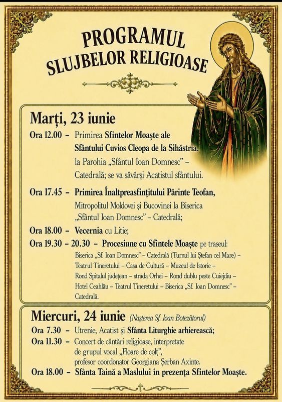Racla cu Sfintele Moaște ale Sf. Cleopa de la Sihăstria ajung la Piatra Neamț. Programul procesiunii religioase 2 WhatsApp Image 2026 06 18 at 09.16.46