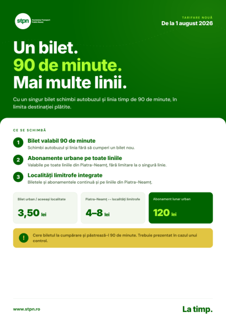 De la 1 august, STPN introduce biletul de 90 de minute și actualizează tarifele de călătorie. Afis bilet 90 min