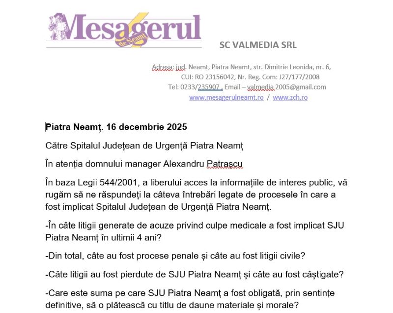 Transparență la Spitalul Județean de Urgență Piatra-Neamț- răspuns după 7 luni la o cerere de informații 1 cerere spital