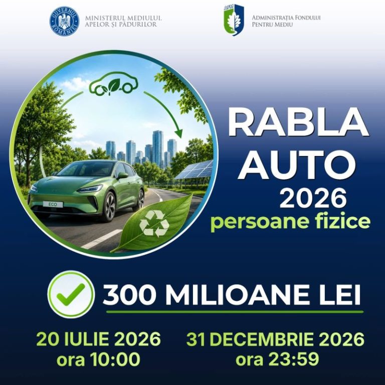 Rabla Auto 2026 începe pe 20 iulie. Înscrierile se fac online, iar bugetul este de 300 de milioane de lei rabla afis
