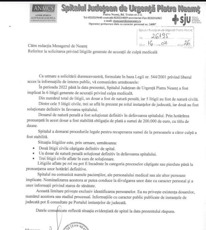 Transparență la Spitalul Județean de Urgență Piatra-Neamț- răspuns după 7 luni la o cerere de informații 2 spital