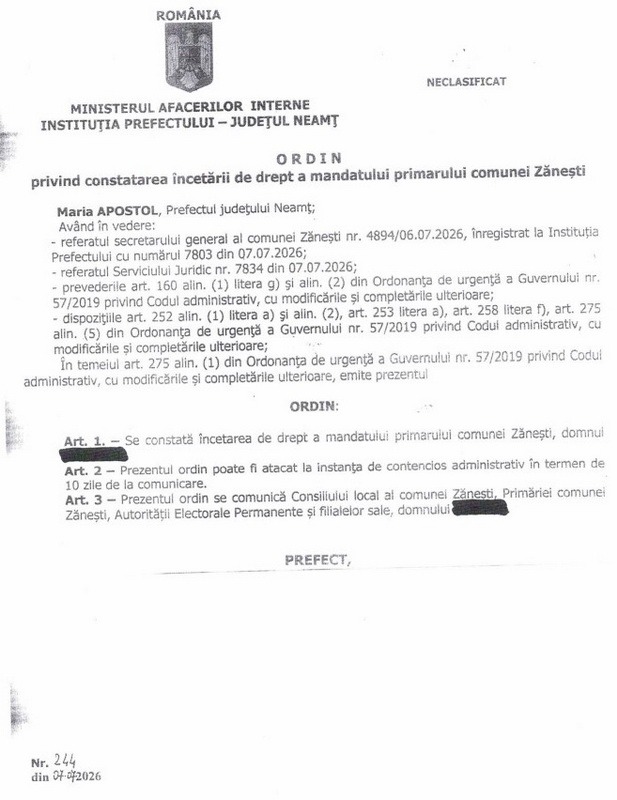 Cum a ajuns primarul comunei Zănești în situația de a pierde mandatul 1 zanesti ordin Prefectura
