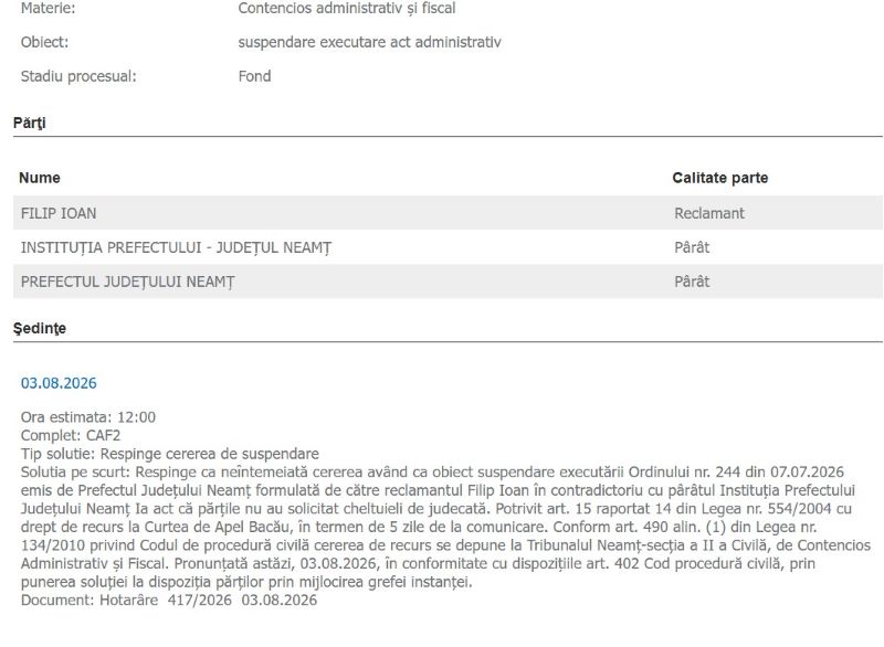 Fostul primar al comunei Zănești, Ioan Filip a pierdut unul din procesele în care se judecă cu Prefectura Neamț pentru demiterea din funcție 1 WhatsApp Image 2026 08 03 at 21.49.09