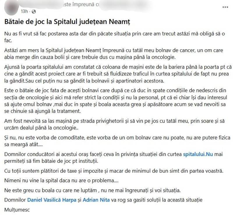 WhatsApp Image 2026 08 14 at 09.40.04 1 - Reclamație după blocajele privind accesul auto de la Spitalul Județean Neamț: „Bolnavii oncologici sunt nevoiți să urce pe jos”