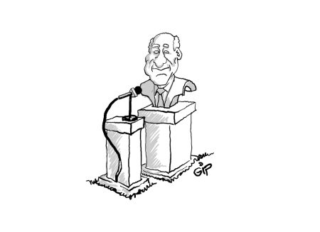 Caricatură cu un bărbat în vârstă la microfon, pe scenă.
