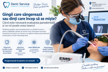Specialist stomatolog efectuând tratament laser pentru gingii sângeroase.