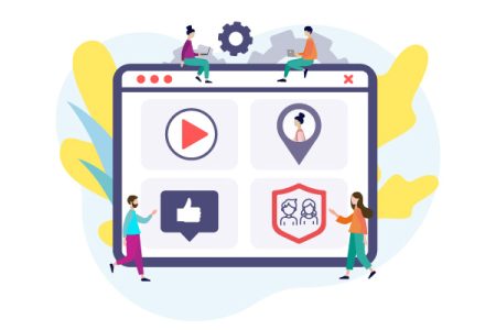 Ilustrație cu copii și părinți interacționând cu rețele sociale online.