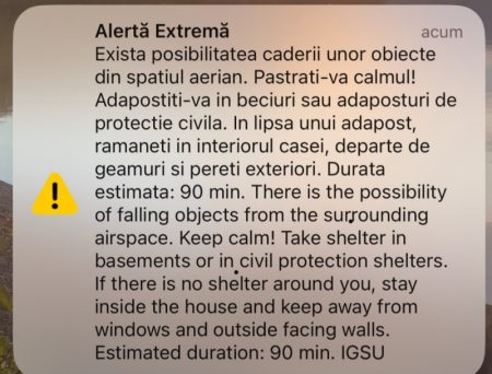 RO-Alert: Posibilitatea căderii unor obiecte din spațiul aerian, avertizare transmisă populației