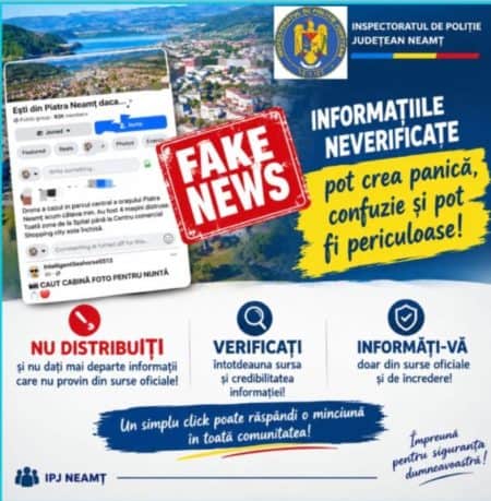 IPJ Neamț atrage atenția informațiilor false care circulă în spațiul public după mesajul RO-ALERT de astăzi