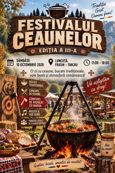 Gastronomie tradițională pentru o cauză umanitară: Festivalul Ceaunelor, la Tarcău Festivalul Ceaunelor Tarcău, eveniment tradițional cu mâncare și muzică.