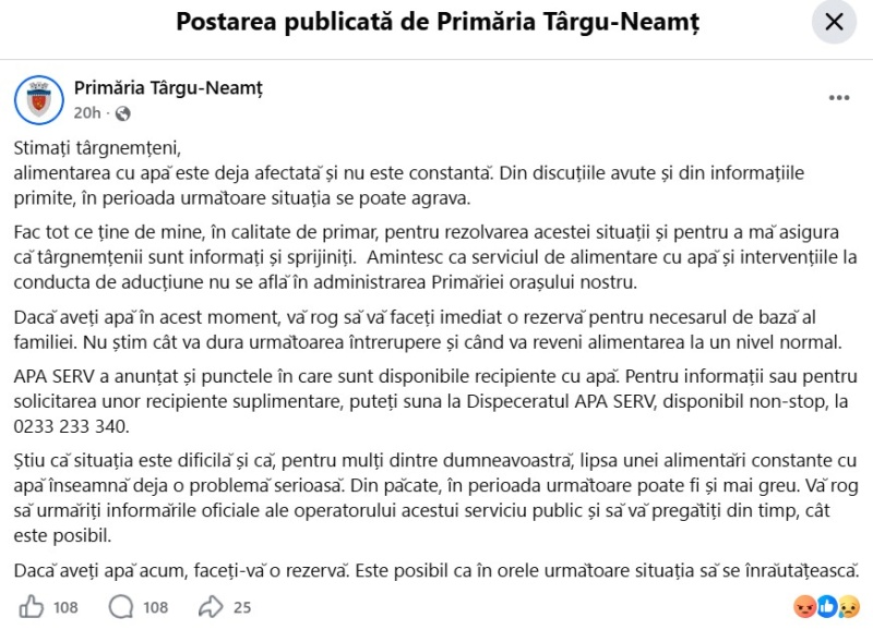 Mesajul Primăriei Târgu-Neamț prin care se cere populației să facă rezerve de apă