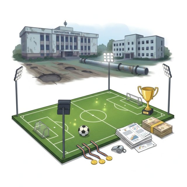 Tichie de mărgăritar la CJ Neamț: 80.000 de lei pentru Campionatul Național de Fotbal al Avocaților Stadion de fotbal cu trofee, medalii și documente, în fața clădirii CJ Neamț.