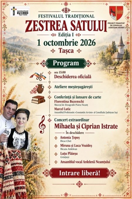Afis festival tradițional Zestrea Satului Tașca 2026, program și invitație.