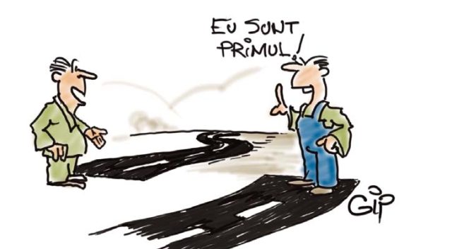 EDITORIAL A dat un sfânt… Desen umoristic cu doi bărbați și o cale care se îndreaptă spre un viitor incert.