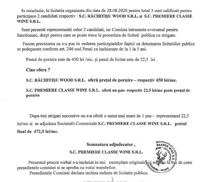 Lemnul comunei Ceahlău, adjudecat după un singur pas de licitație: două firme din aceeași zonă și cu denumiri asemănătoare au împărțit loturile