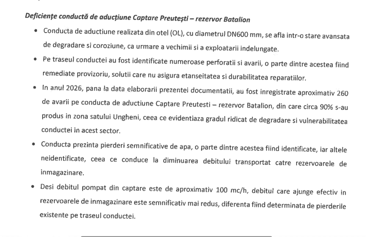 Conducta Preutești–rezervor Batalion, diagnostic de avarie: 260 de avarii în 2026, coroziune, perforații și pierderi masive de apă. 1 Imagine cu conducte de aducțiune și rezervor, evidențiind avarii și coroziune.