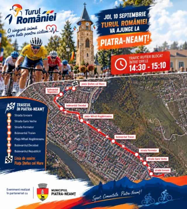 Turul României ajunge la Piatra-Neamț pe 10 septembrie. Restricții temporare de circulație pe traseul competiției