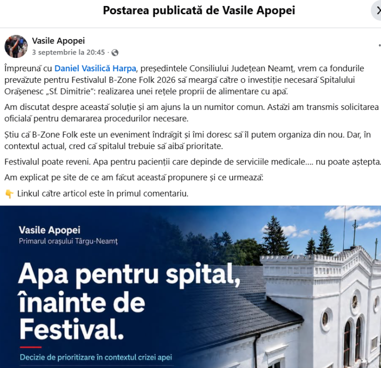 Teatru la Primăria Târgu-Neamț cu banii pentru festival și apa spitalului. Primarul încearcă să deturneze nemulțumirea oamenilor cu o manevră jalnică.