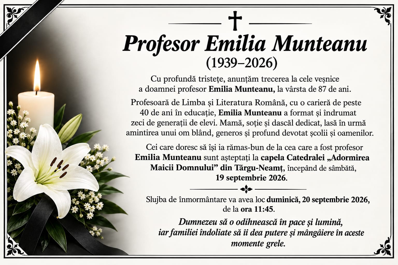 Anunț de trecere în neființă a profesorului Emilia Munteanu.