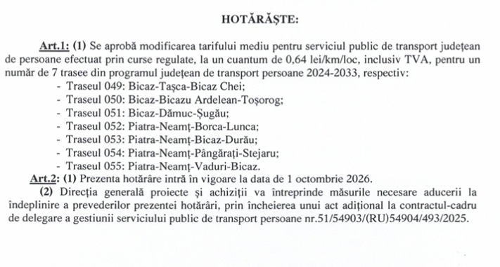 Se scumpesc biletele de transport călători pe Lotul 4 Neamț. Creșterea este de 0,64 lei/kilometru