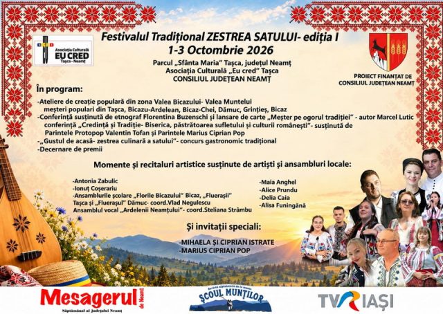 Festivalul tradițional „Zestrea satului” la Tașca (1-3 octombrie 2026) Festival tradițional la Tașca cu muzică, dans și costume populare.