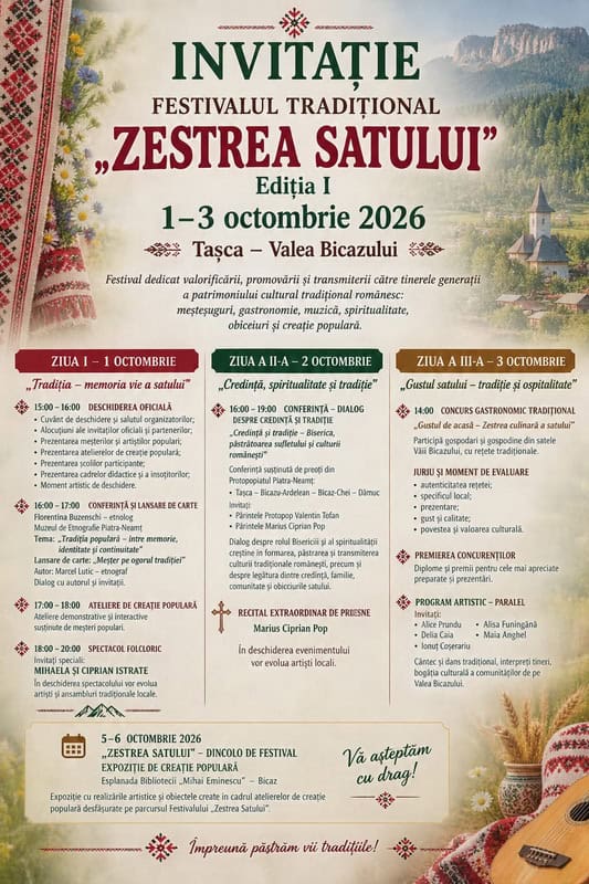 Festivalul tradițional „Zestrea satului” la Tașca (1-3 octombrie 2026) 1 Festivalul tradițional „Zestrea satului” la Tașca (1-3 octombrie 2026)