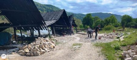 Activitate de vărărit în Valea Bicazului, cu construcții tradiționale din lemn.