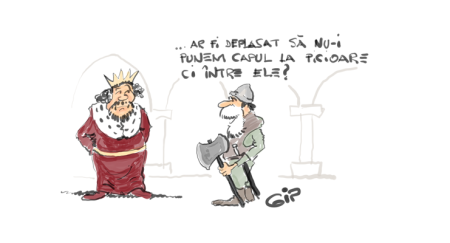 Ilustrație satirică despre festival cu rege și un fermier în discuție.