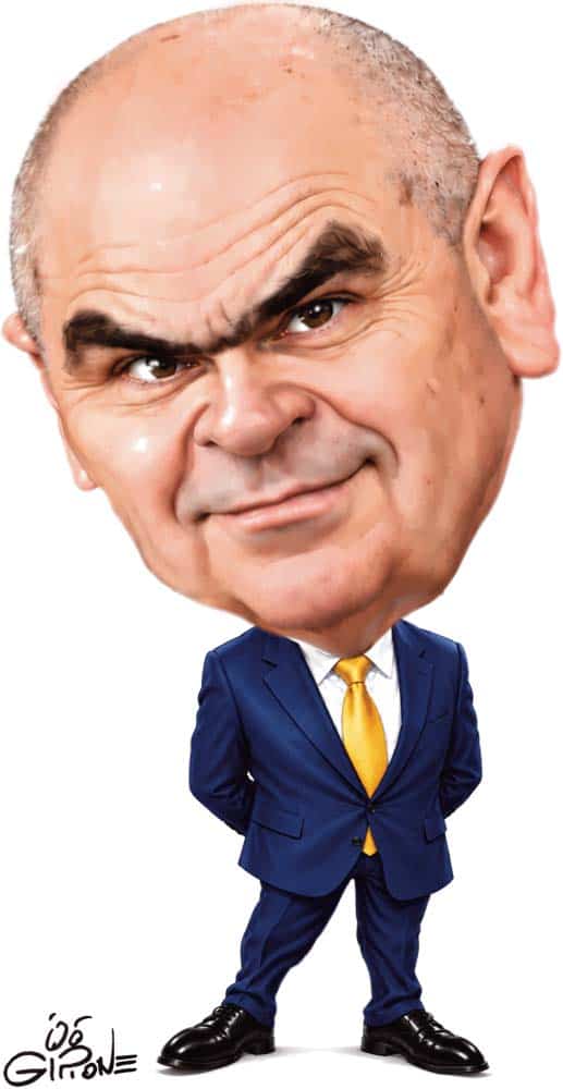 Nici Grindeanu la volan, nici Ilie Bolojan Caricatură a unui bărbat în costum, expresie serioasă și sprâncene încruntate.