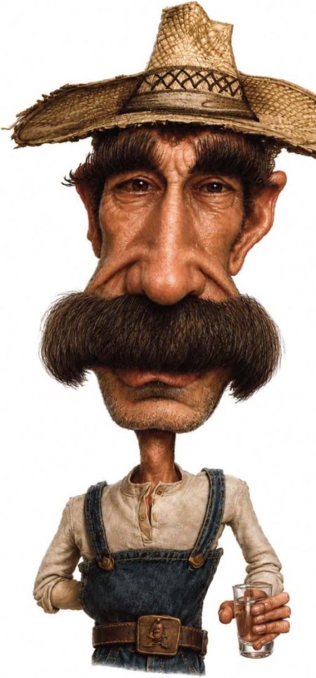 Bătrân cu pălărie de paie și mustață mare, portret caricatural.