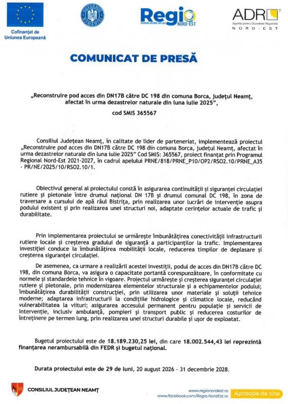 Consiliul Județean Neamț anunță implementarea proiectului „Reconstruire pod acces din DN17B către DC198 din comuna Borca, județul Neamț, afectat în urma dezastrelor naturale din luna iulie 2025” 3 Consiliul Județean Neamț anunță implementarea proiectului „Reconstruire pod acces din DN17B către DC198 din comuna Borca, județul Neamț, afectat în urma dezastrelor naturale din luna iulie 2025”