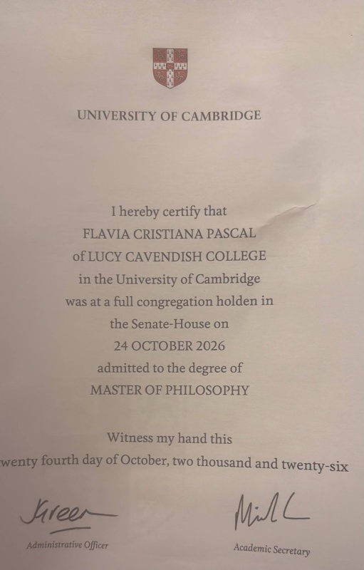 De pe băncile Rareșului, master la Cambridge. Flavia Pascal din Piatra Neamț a obținut distincția academică în astrofizică