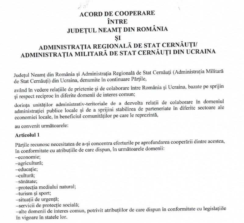 Acord de cooperare CJ Neamț – Administrația Militară de Stat Cernăuți: sănătate și situații de urgență, între priorități
