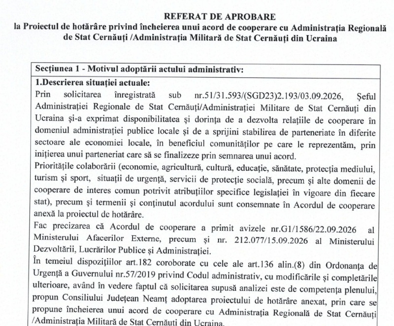 Referat de aprobare acord Cernăuți