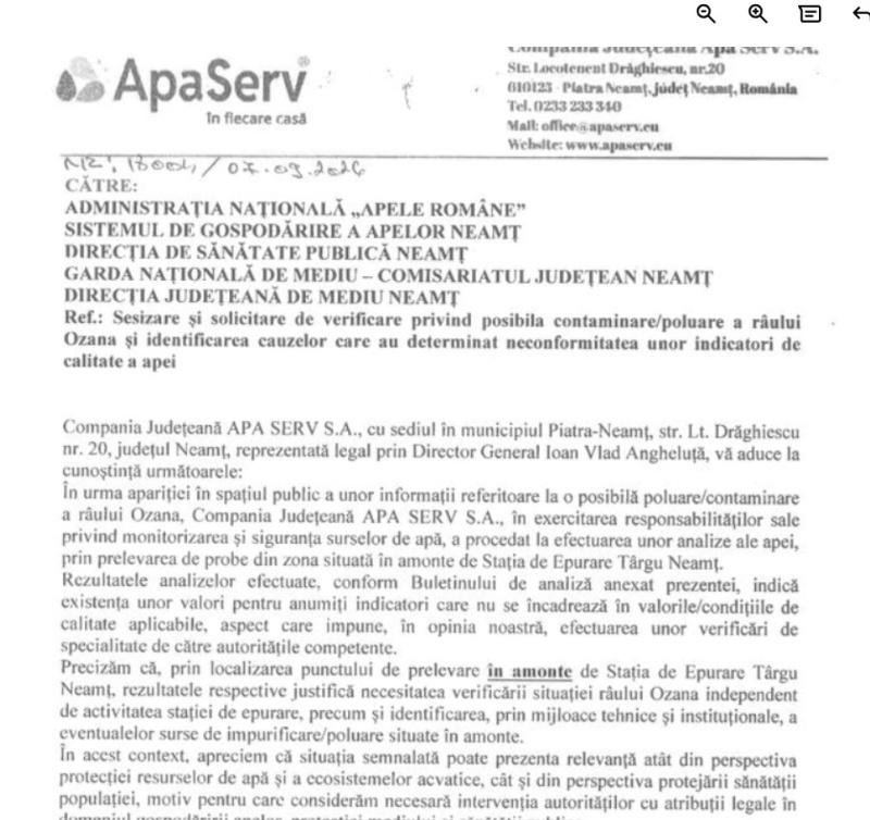Apavital sesizează, ABA Siret constată: Ozana poluată pe 700 de metri, în aval de stația de epurare Târgu-Neamț