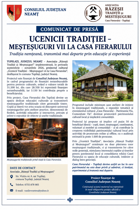 Anunț privind implementarea proiectului „Ucenicii Tradiției – Meșteșuguri vii la Casa Fierarului” 3 Anunț privind implementarea proiectului „Ucenicii Tradiției – Meșteșuguri vii la Casa Fierarului”