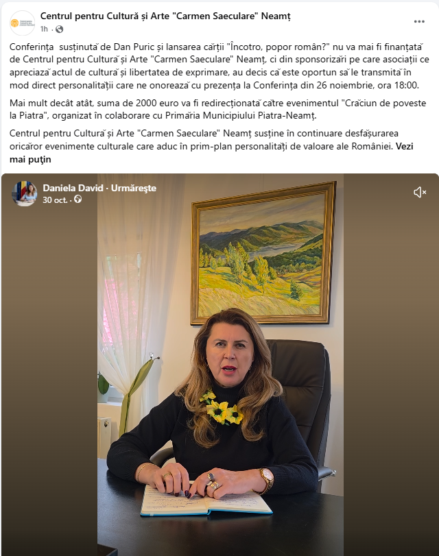 Carmen Saeculare retrage finanțarea și spune că există sponsorizări pentru conferința lui Dan Puric 1 Carmen Saeculare retrage finanțarea și spune că există sponsorizări pentru conferința lui Dan Puric