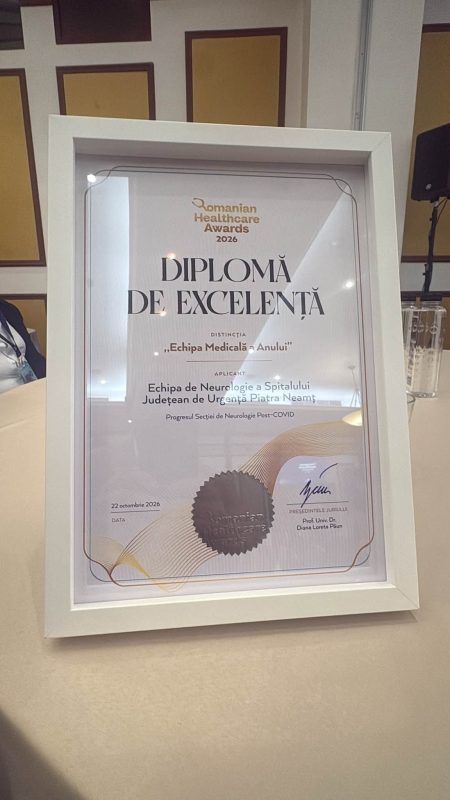 Diplomă de Excelență pentru secția de Neurologie de la Piatra-Neamț, la Romanian Healthcare Awards 2026 2 Diplomă de excelență acordată secției de Neurologie din Piatra-Neamț.