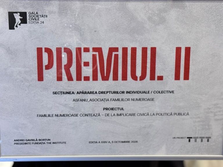 „Asociația Familiilor Numeroase” din Neamț, reprezentată la Gala Societății Civile. ASFANU a obținut premiul II