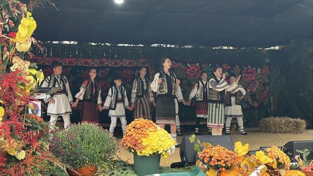 Tineri interpreți în costume tradiționale la Târgul Tradiție și Gastronomie Farcașa.